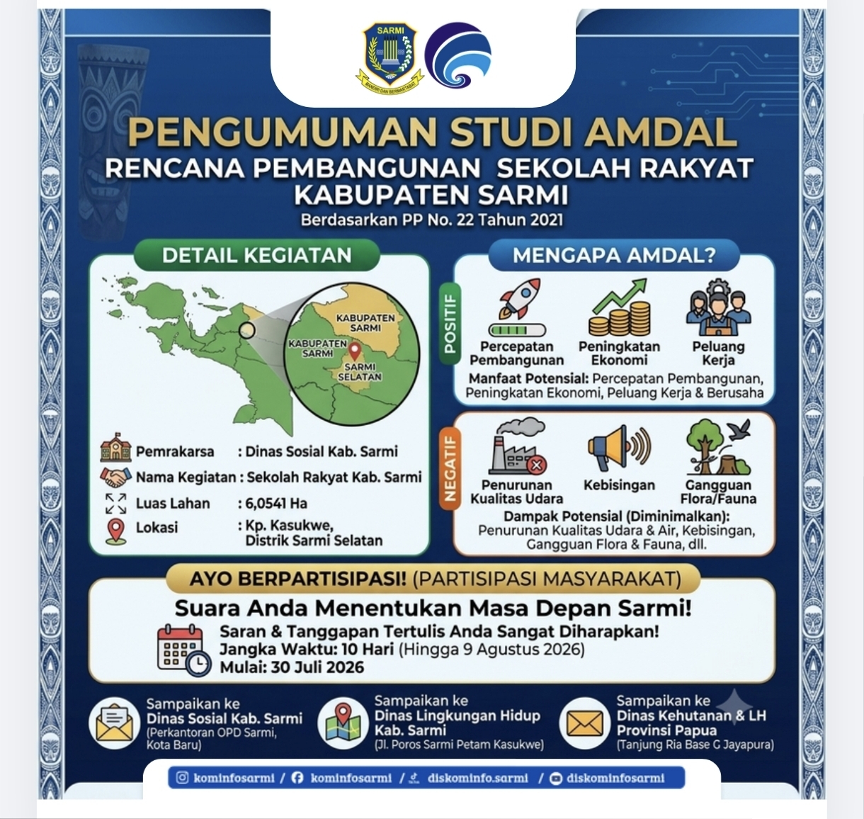 Dinas Sosial Kabupaten Sarmi Umumkan Studi AMDAL Pembangunan Sekolah Rakyat Seluas 6,0541 Hektare
