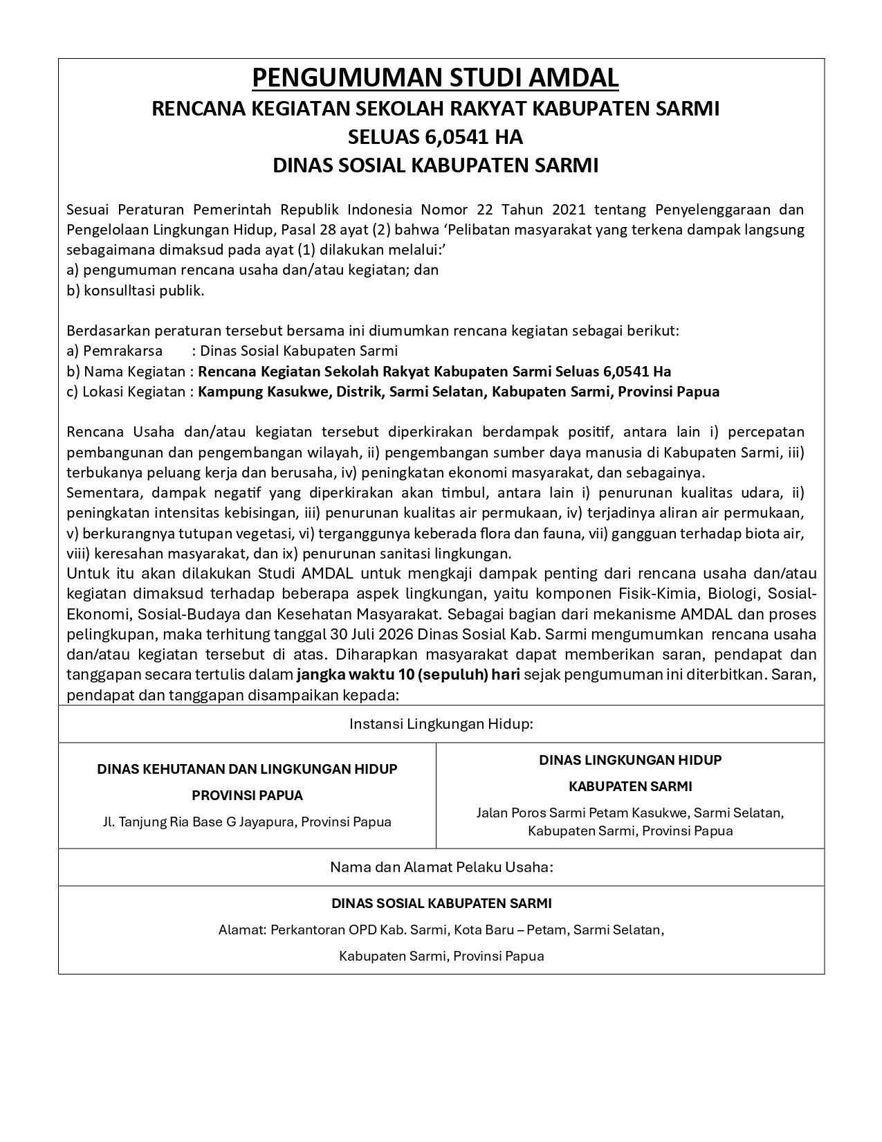 Pengumuman Studi AMDAL Rencana Kegiatan Sekolah Rakyat Kabupaten Sarmi